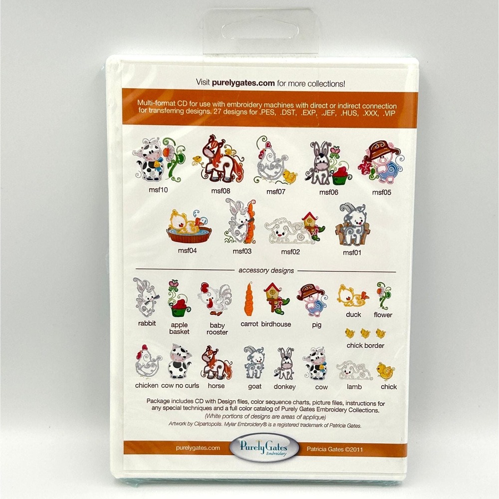 Purely Gates‎ Farm Animal Machine Embroidery CD Applique Mylar 5x7 Hoop NEW
